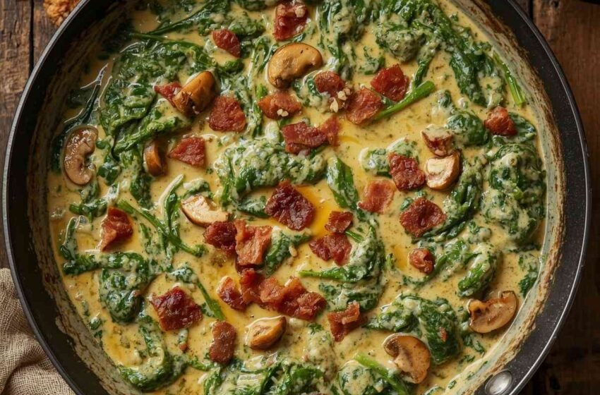 creamy keto creamed spinach with mushrooms and crispy bacon