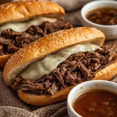 crockpot French dip sandwiches with tender shredded beef piled on toasted hoagie rolls