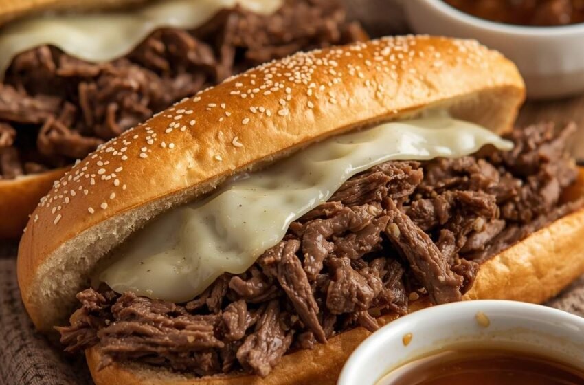 crockpot French dip sandwiches with tender shredded beef piled on toasted hoagie rolls
