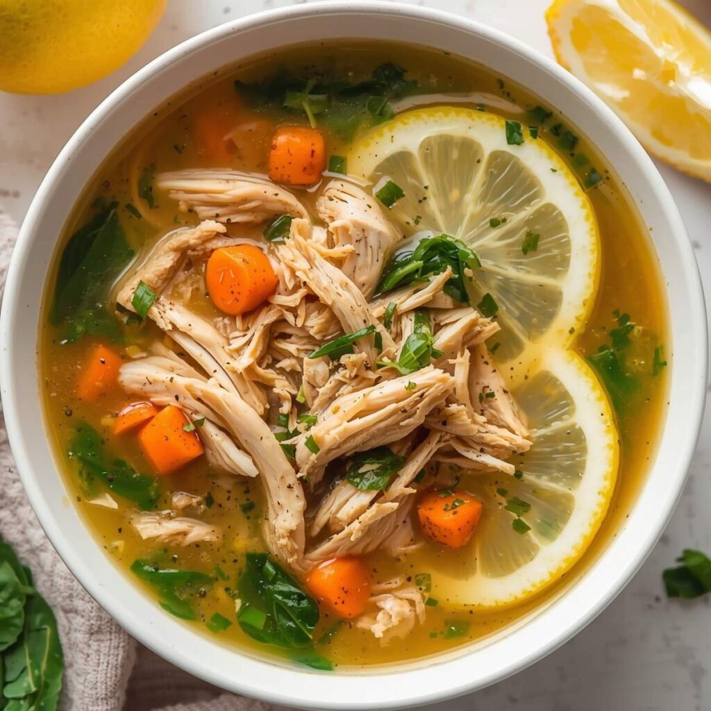 fresh lemon chicken soup with shredded chicken