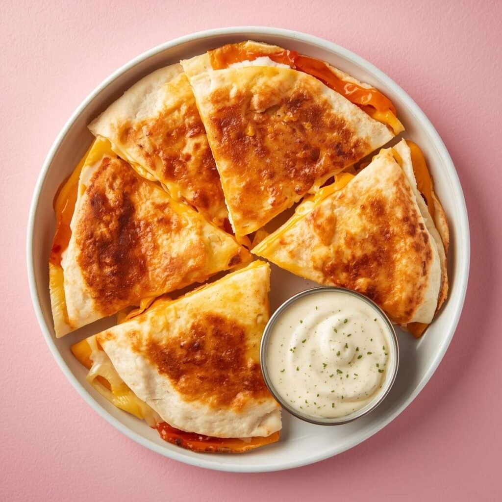 golden chicken and cheese quesadillas sliced into triangles