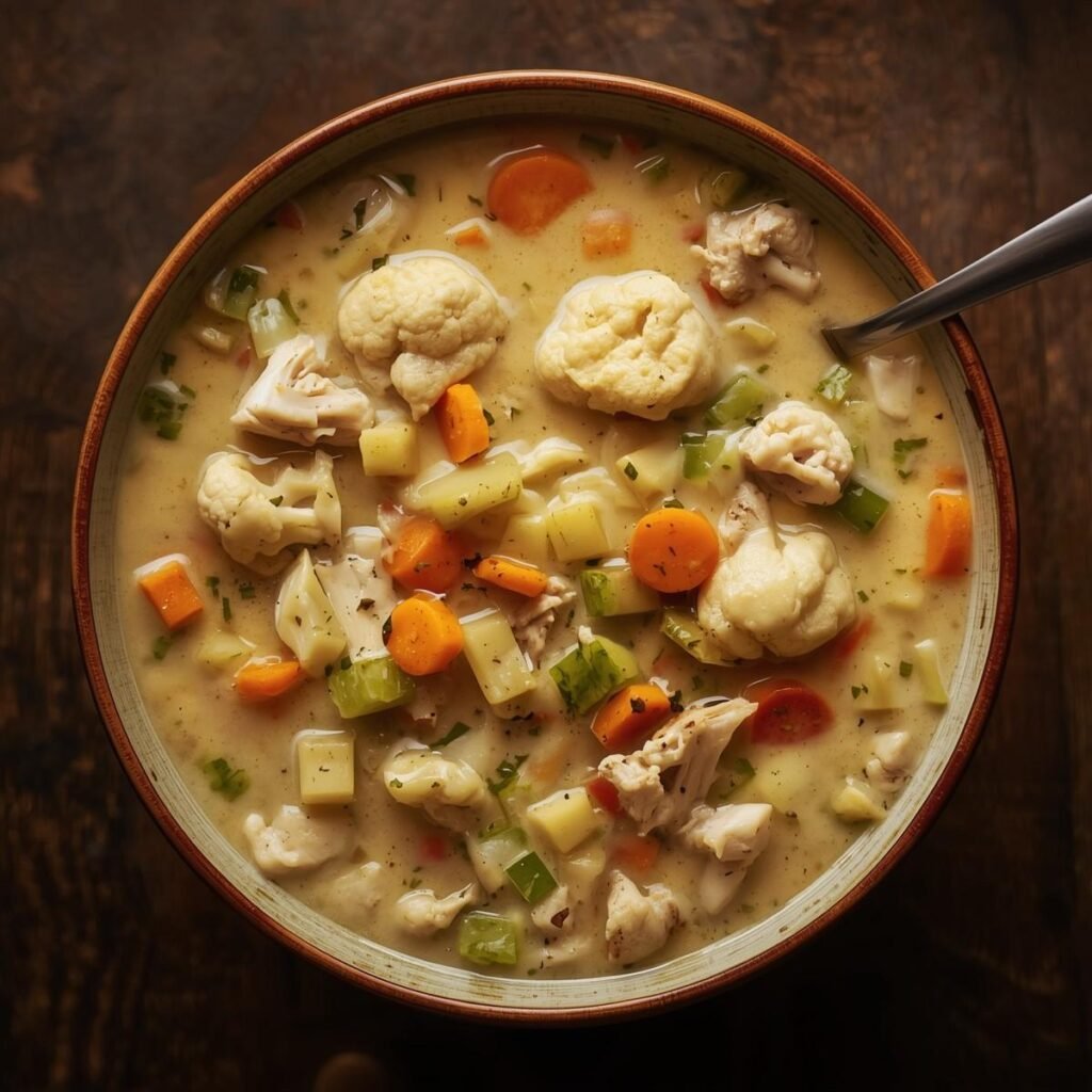keto chicken pot pie soup with chicken chunk