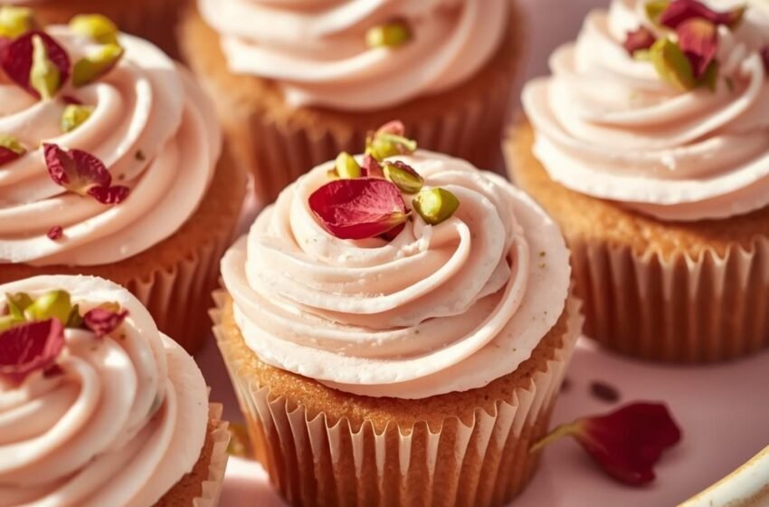 mini vegan rose pistachio cupcakes with pale pink frosting swirled on top