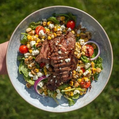 Grilled balsamic steak salad with gorgonzola and corn