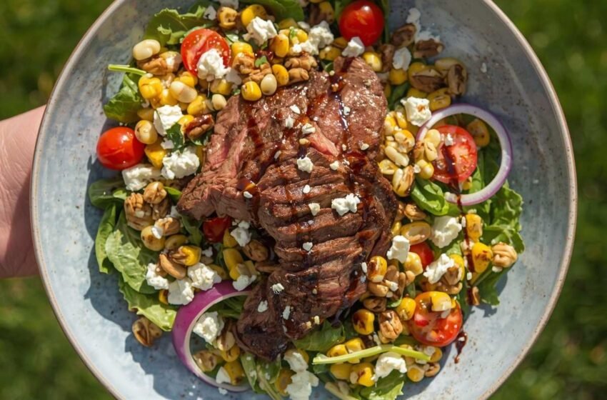 Grilled balsamic steak salad with gorgonzola and corn