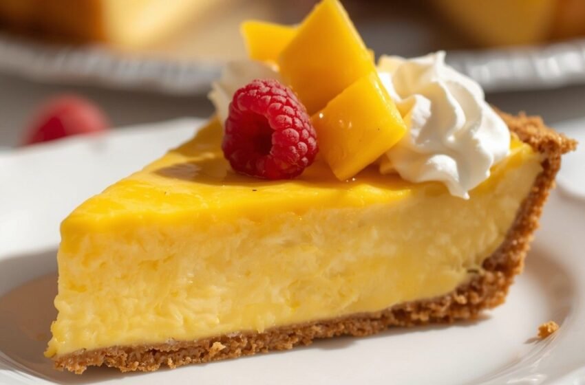 slice of creamy tropical mango pie with smooth golden mango