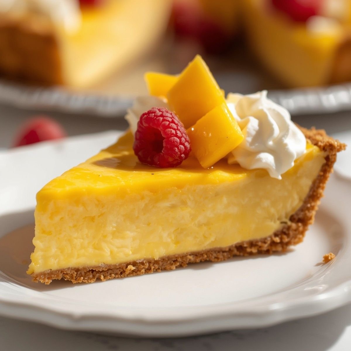 slice of creamy tropical mango pie with smooth golden mango