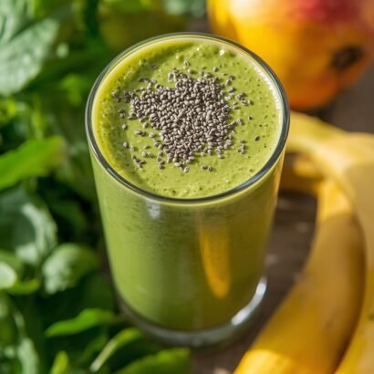 tall glass of creamy green protein smoothie