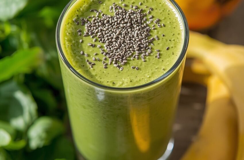 tall glass of creamy green protein smoothie