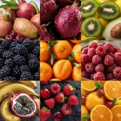 vibrant fruit montage highlighting protein-rich fruits