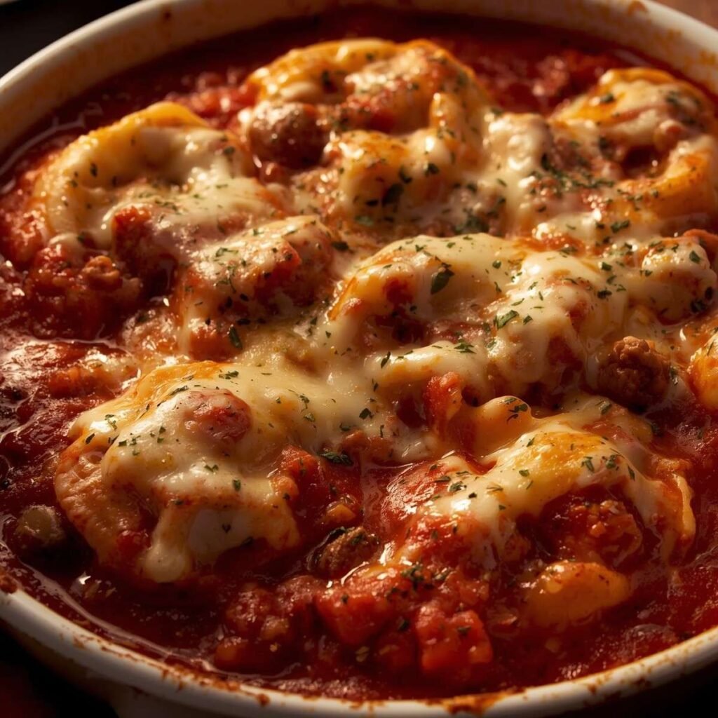 Baked tortellini with bubbling cheese topping