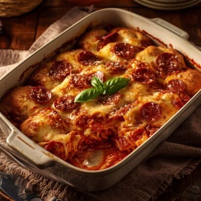 Casserole baked with golden biscuit pieces