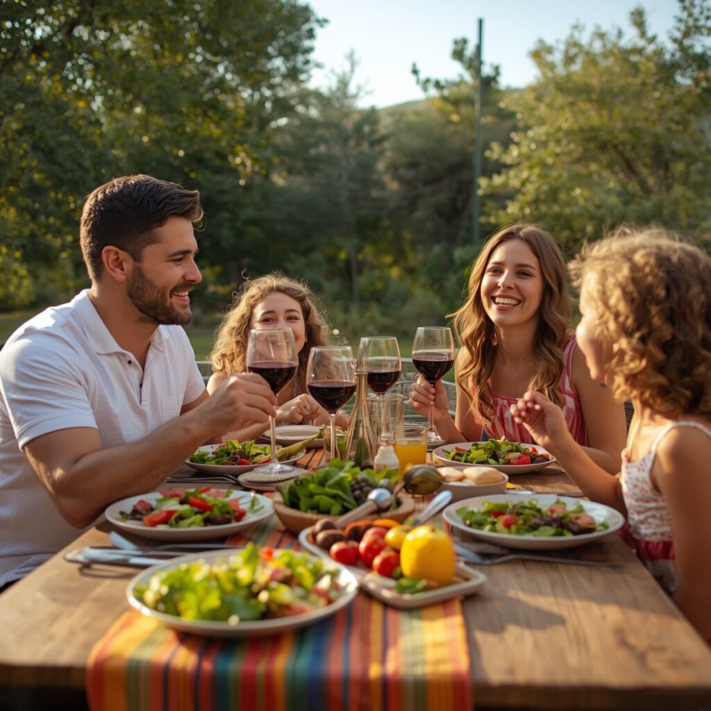 Happy family enjoying Mediterranean dinner