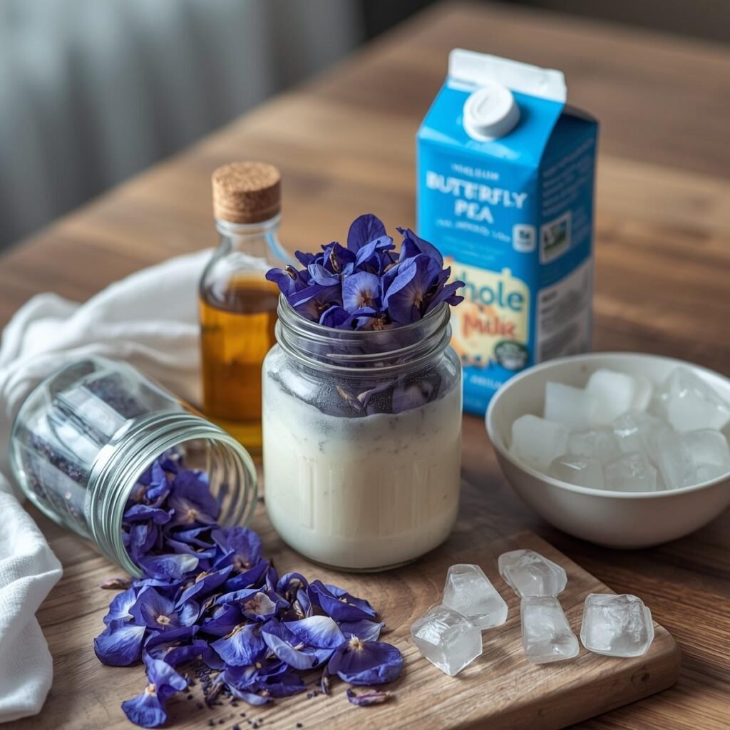 Ingredients for Iced Butterfly Pea Flower Tea Latte