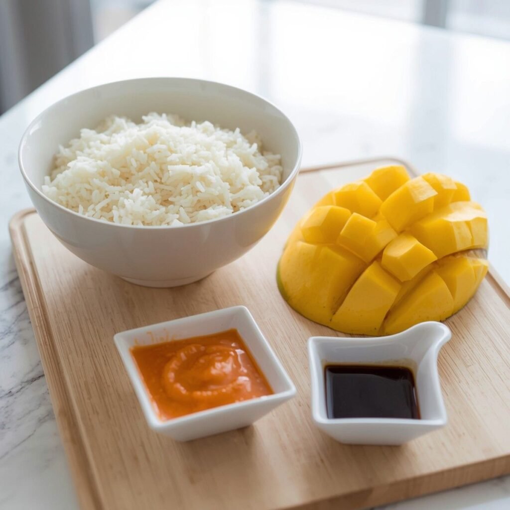 Ingredients for Swicy Mango Crispy Rice Sushi including cooked sushi rice