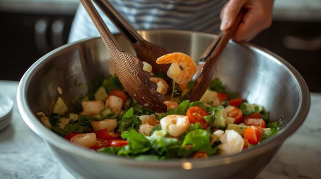Shrimp Salad being tossed with citrus dressing and fresh herbs