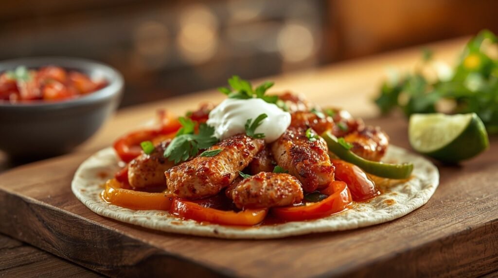 Air Fryer Chicken Fajitas with seasoned chicken and sliced bell peppers