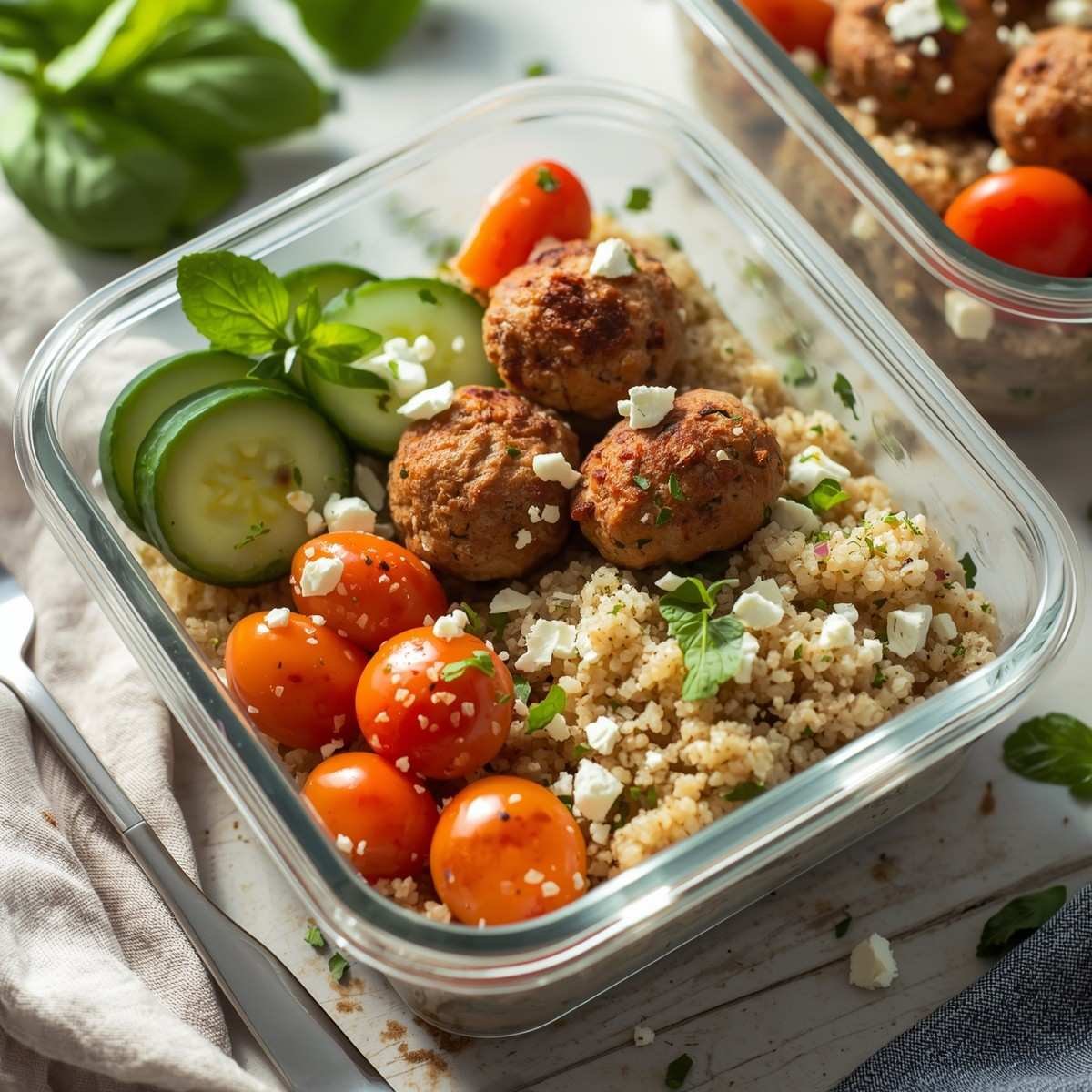 High-Protein, High-Fiber Meal-Prep Lunch: Spinach & Feta Turkey Meatballs with Herbed Quinoa