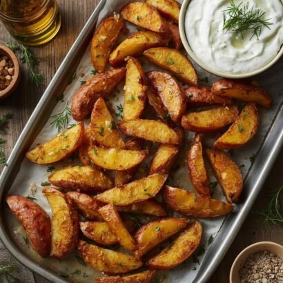 Crispy Mediterranean Potato Wedges with Tzatziki Sauce