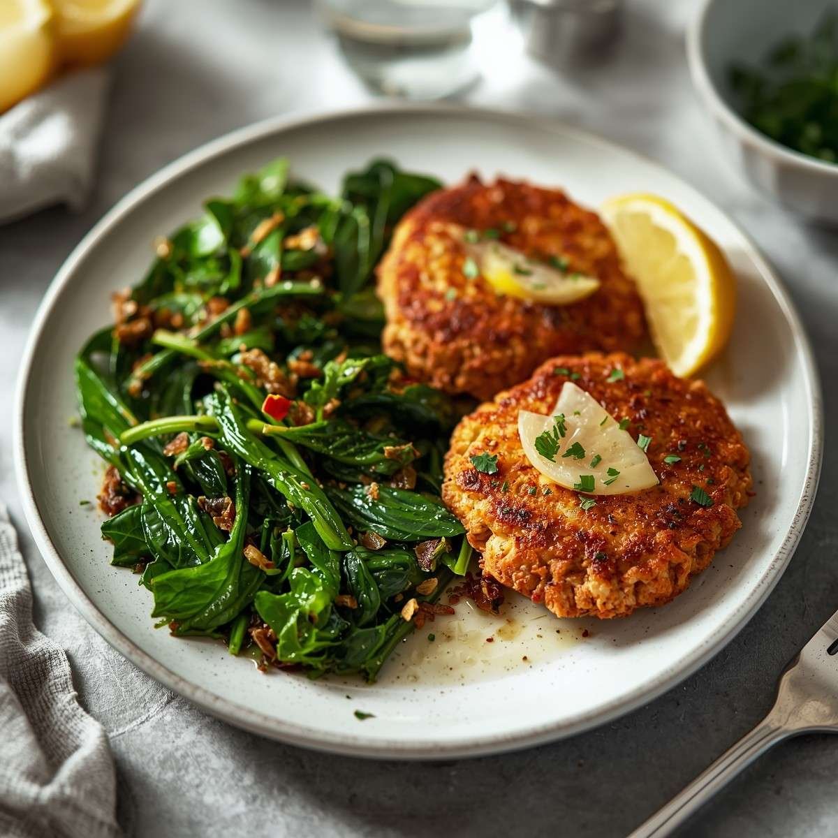 Tuna Cakes & Lemon Herb Greens