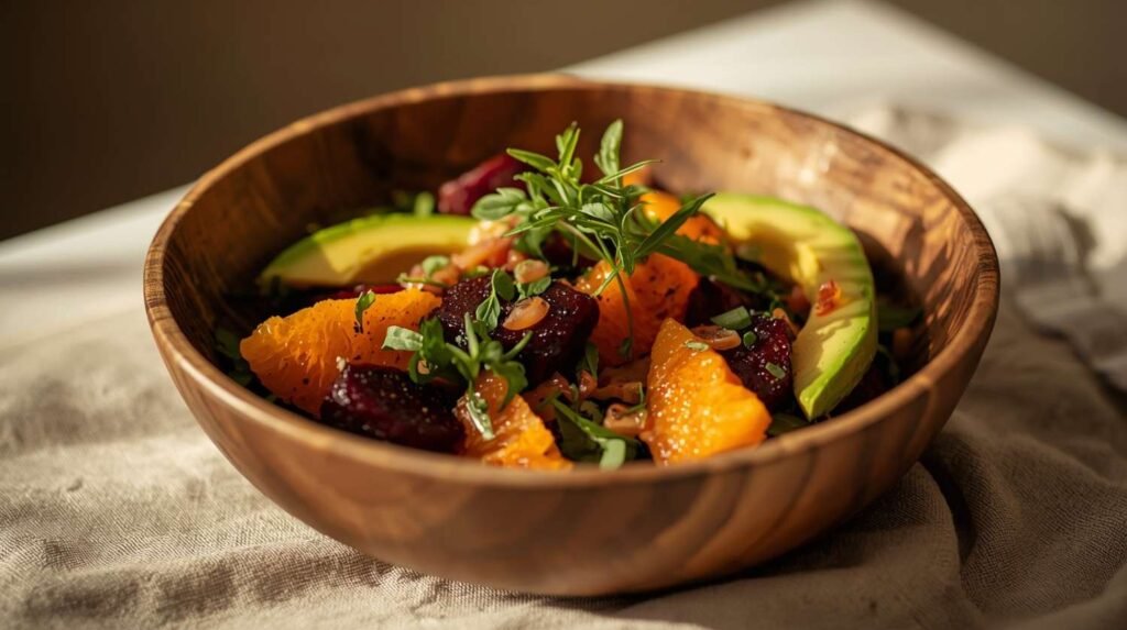 Final display Roasted Beet, Orange & Avocado Salad