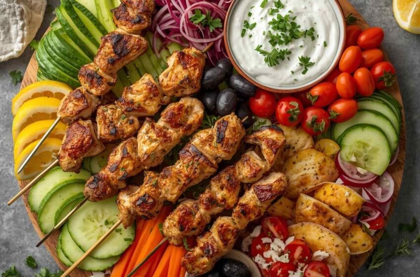 Mediterranean Chicken Souvlaki Platter with Whipped Feta