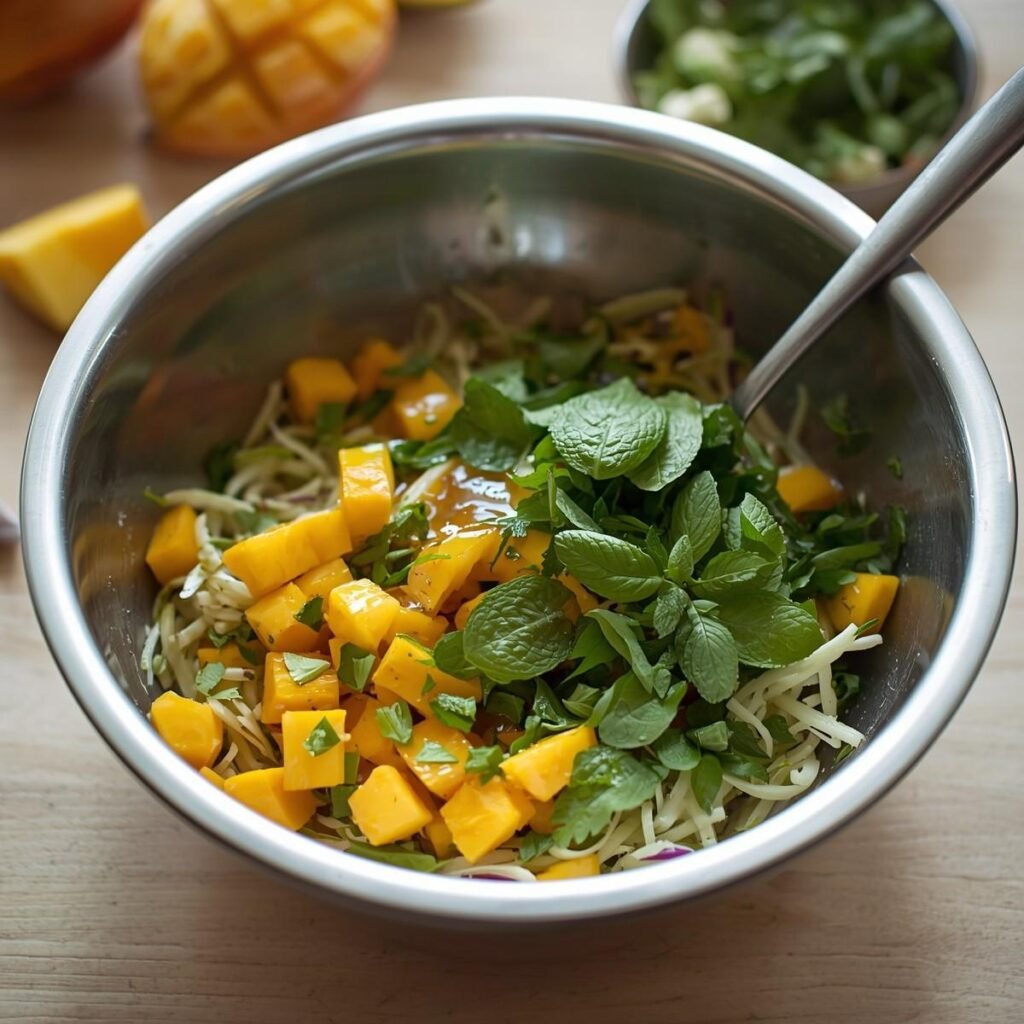 Mango Slaw being tossed with lime-honey dressing and fresh herbs