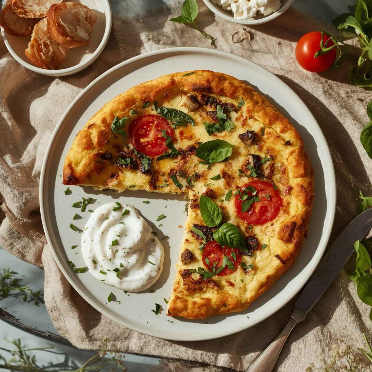 Mediterranean Frittata with golden edges, fresh herbs, and vibrant tomatoes on serving plate at table
