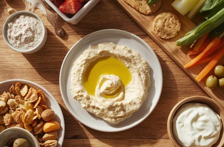 Mediterranean snack spread on a wooden table