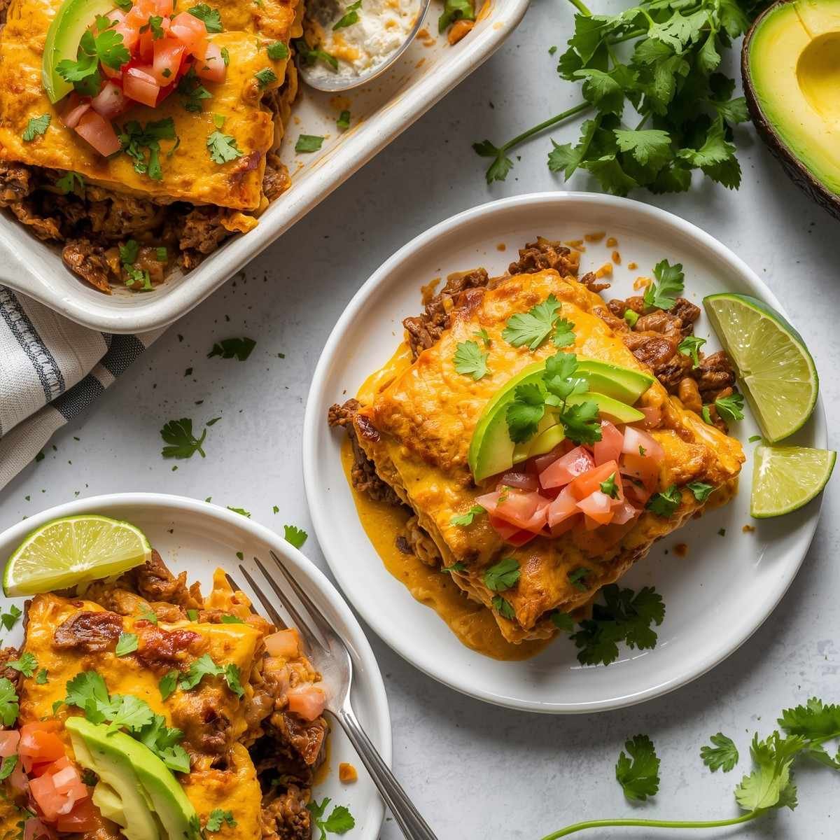 Mexican White Trash Casserole with Cheesy Beef served on plates