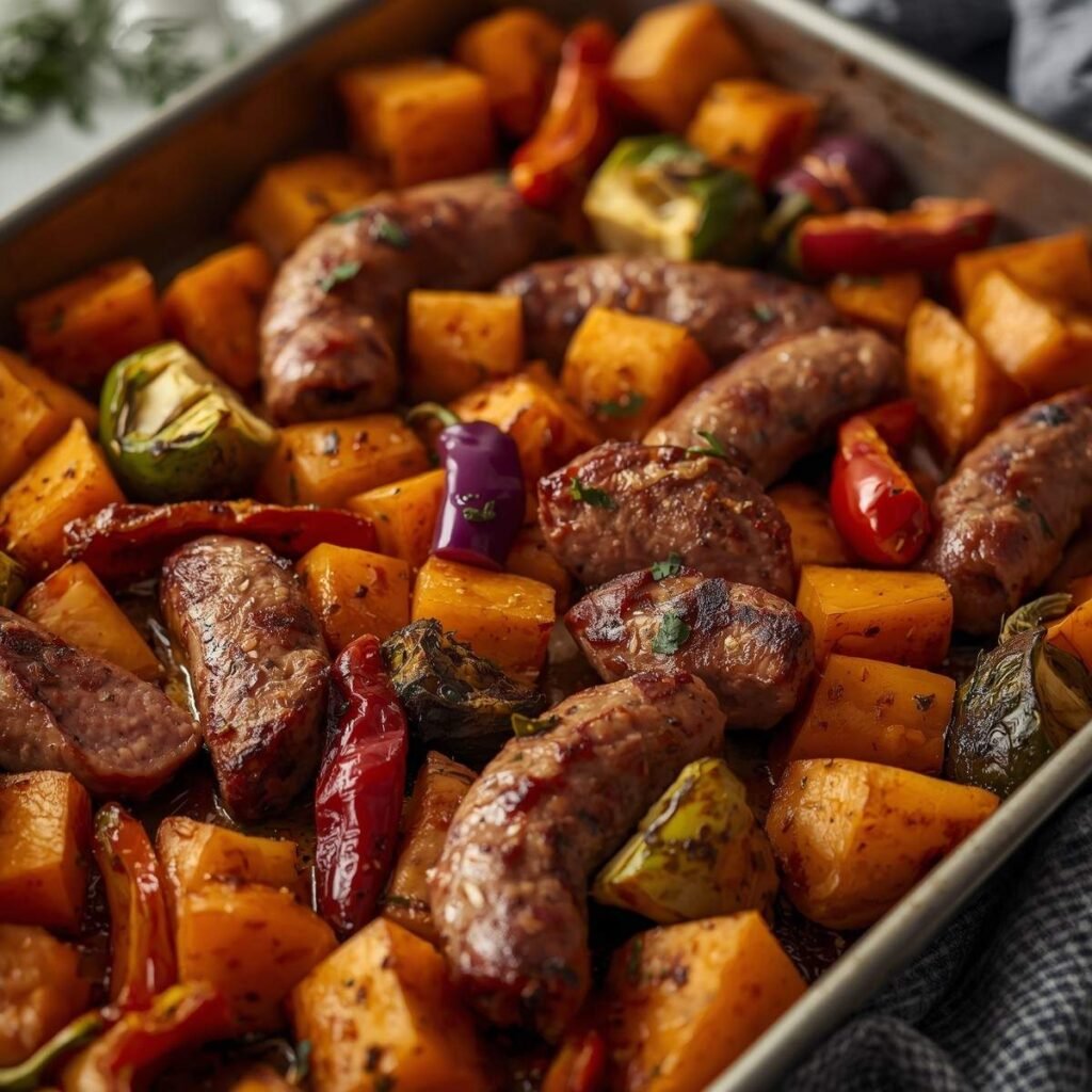 Roasted sausage and vegetables sheet pan meal