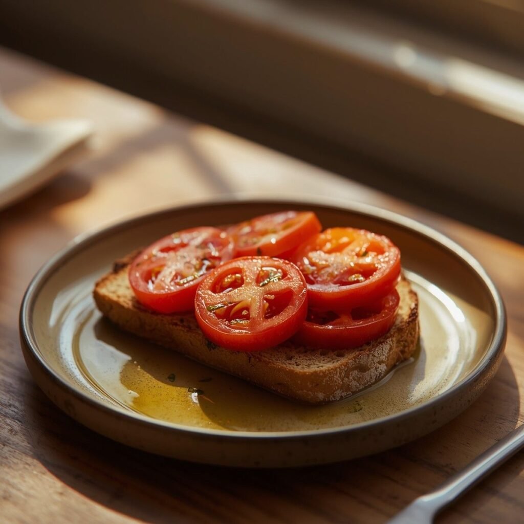 Tomato toast with olive oil on whole-grain bread