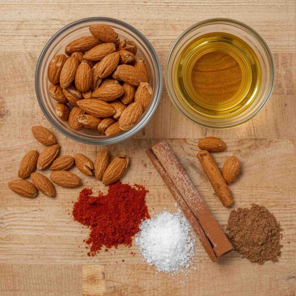 whole almonds, olive oil, maple syrup, paprika