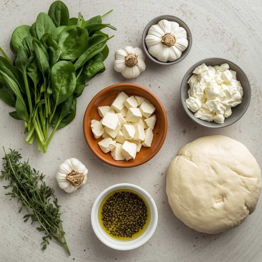 ingredients for Greek Roasted Garlic Spinach White Pizza 