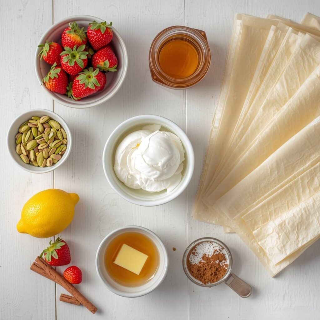 ingredients for Strawberry Pistachio Baklava Sundae