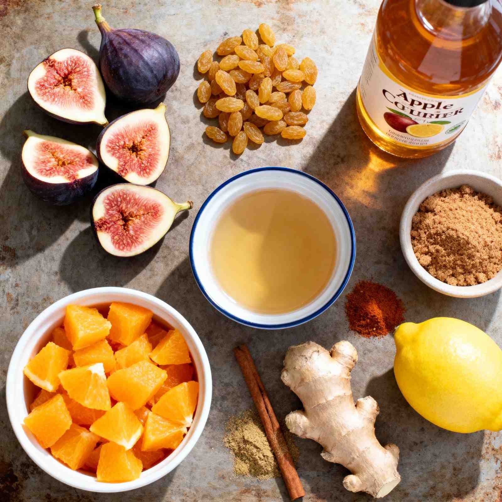 ingredients for Tangy Fig and Orange Chutney