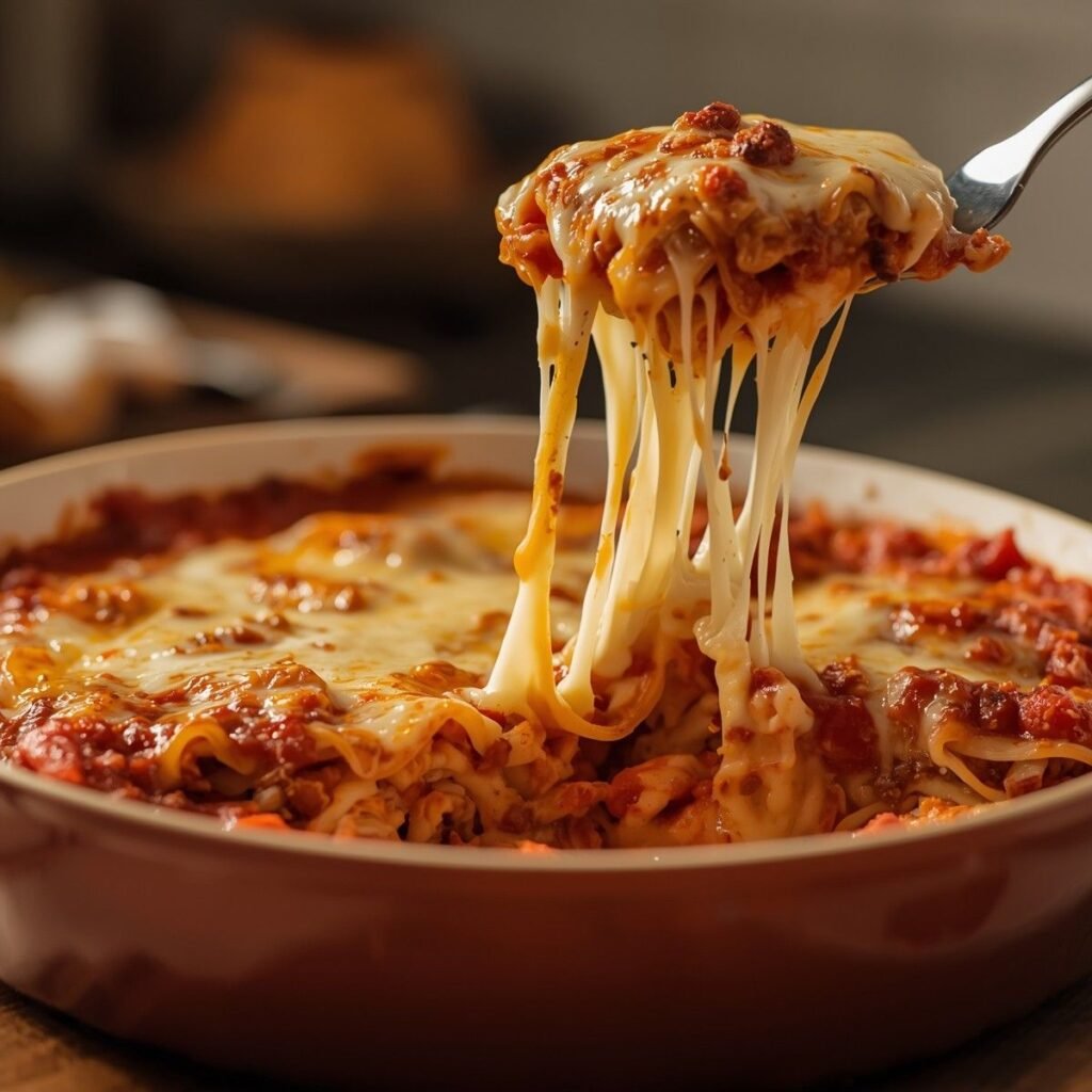 lazy lasagna in ceramic baking dish