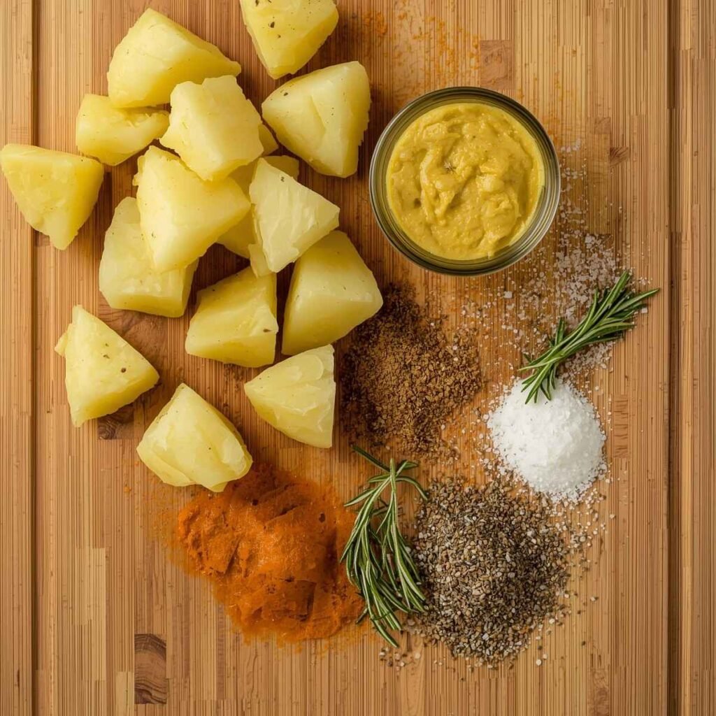 peeled potato chunks, olive oil, Dijon mustard, dried rosemary