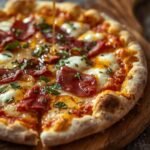 pizza topped with melted mozzarella