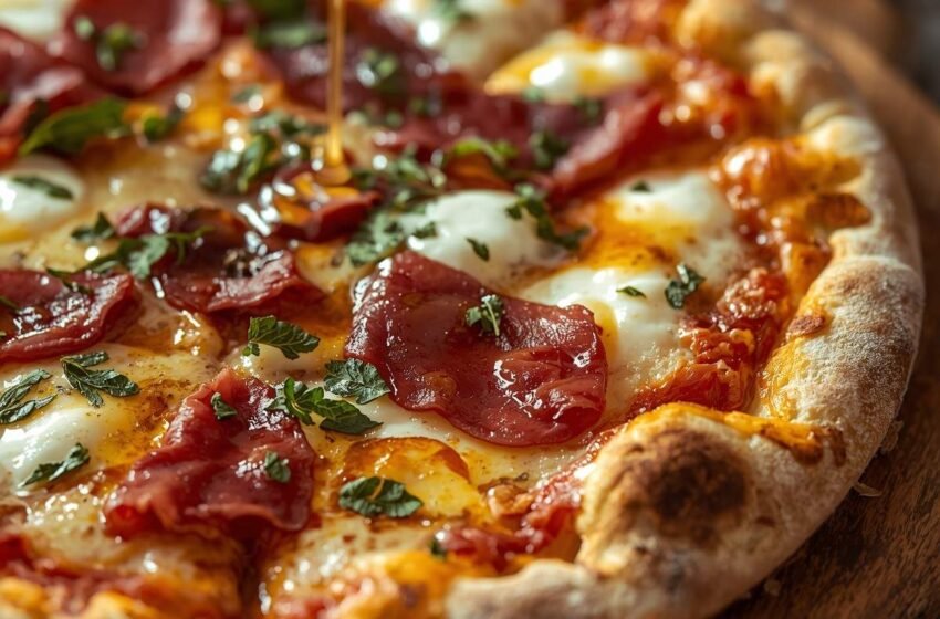 pizza topped with melted mozzarella