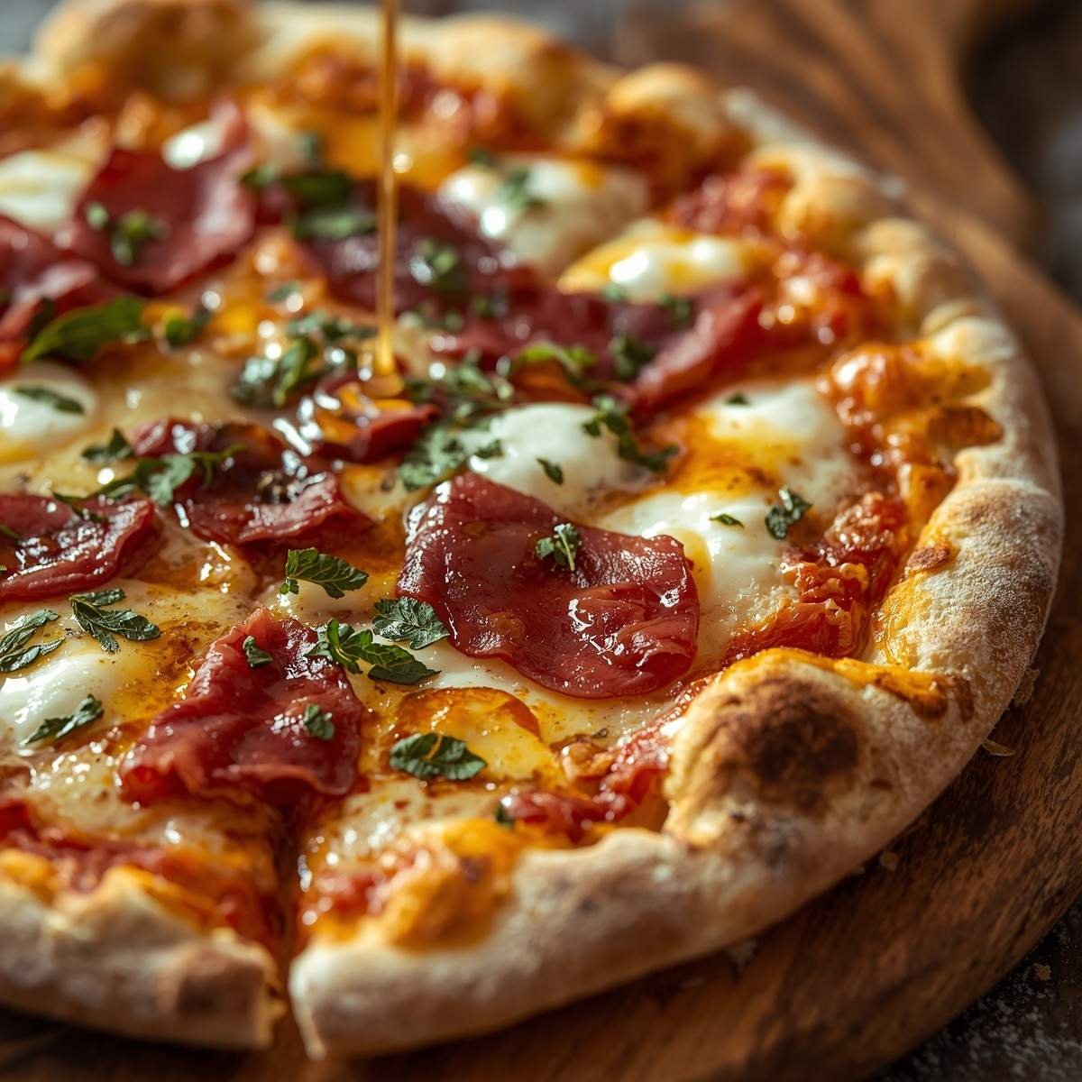 pizza topped with melted mozzarella