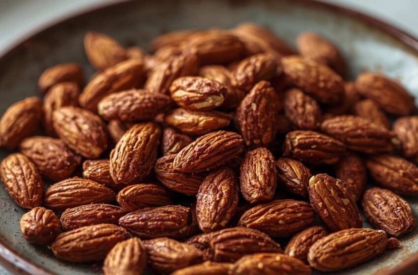 warm spiced roasted almonds on a rustic plate