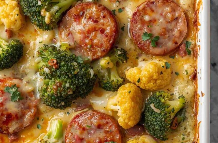 Keto Broccoli & Cauliflower Gratin with Sausage