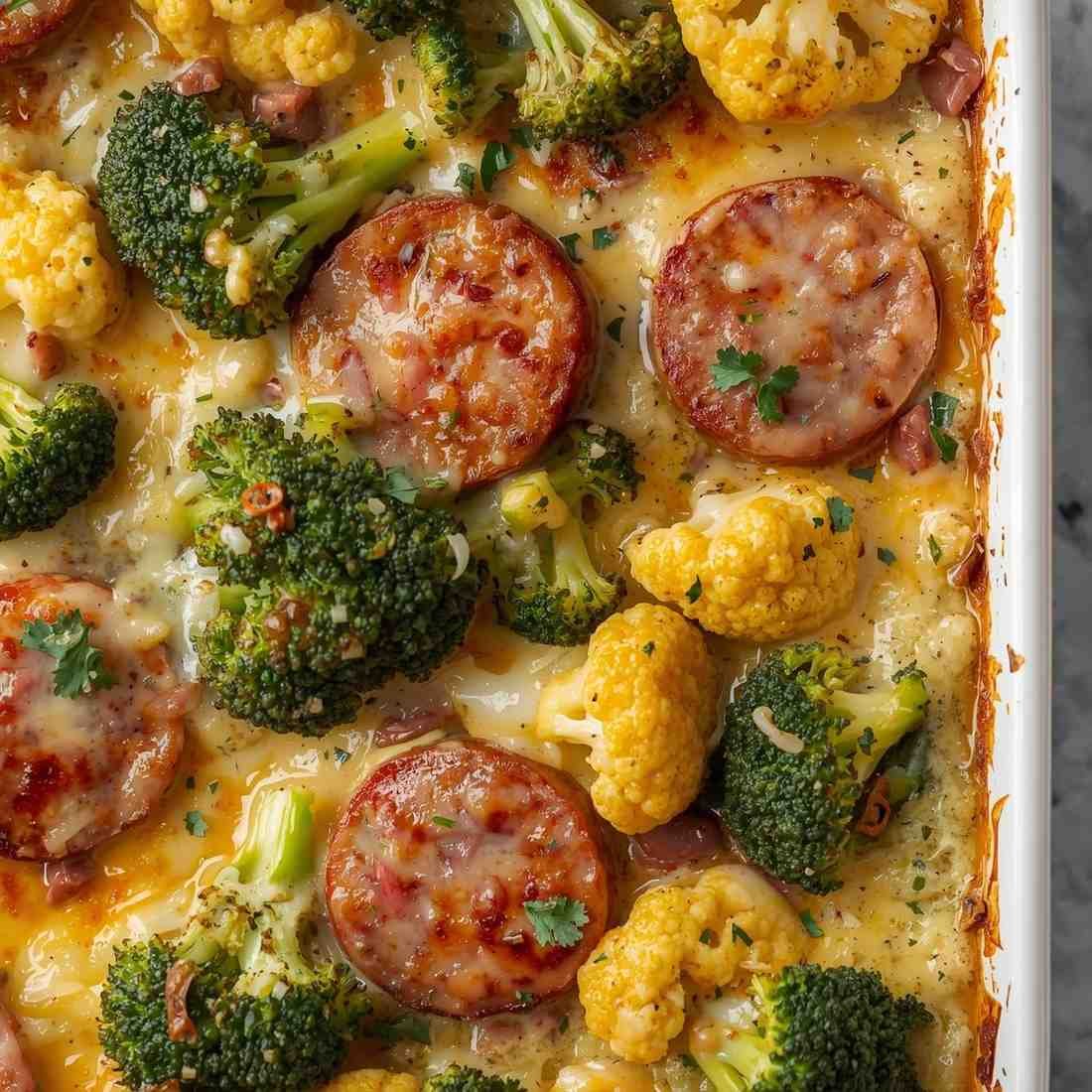 Keto Broccoli & Cauliflower Gratin with Sausage