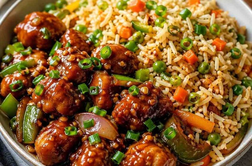 Chicken Manchurian served with vegetable fried rice