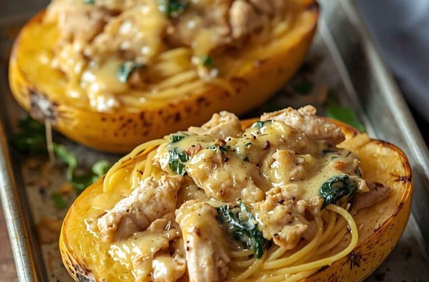 Garlic Chicken Spaghetti Squash Boats