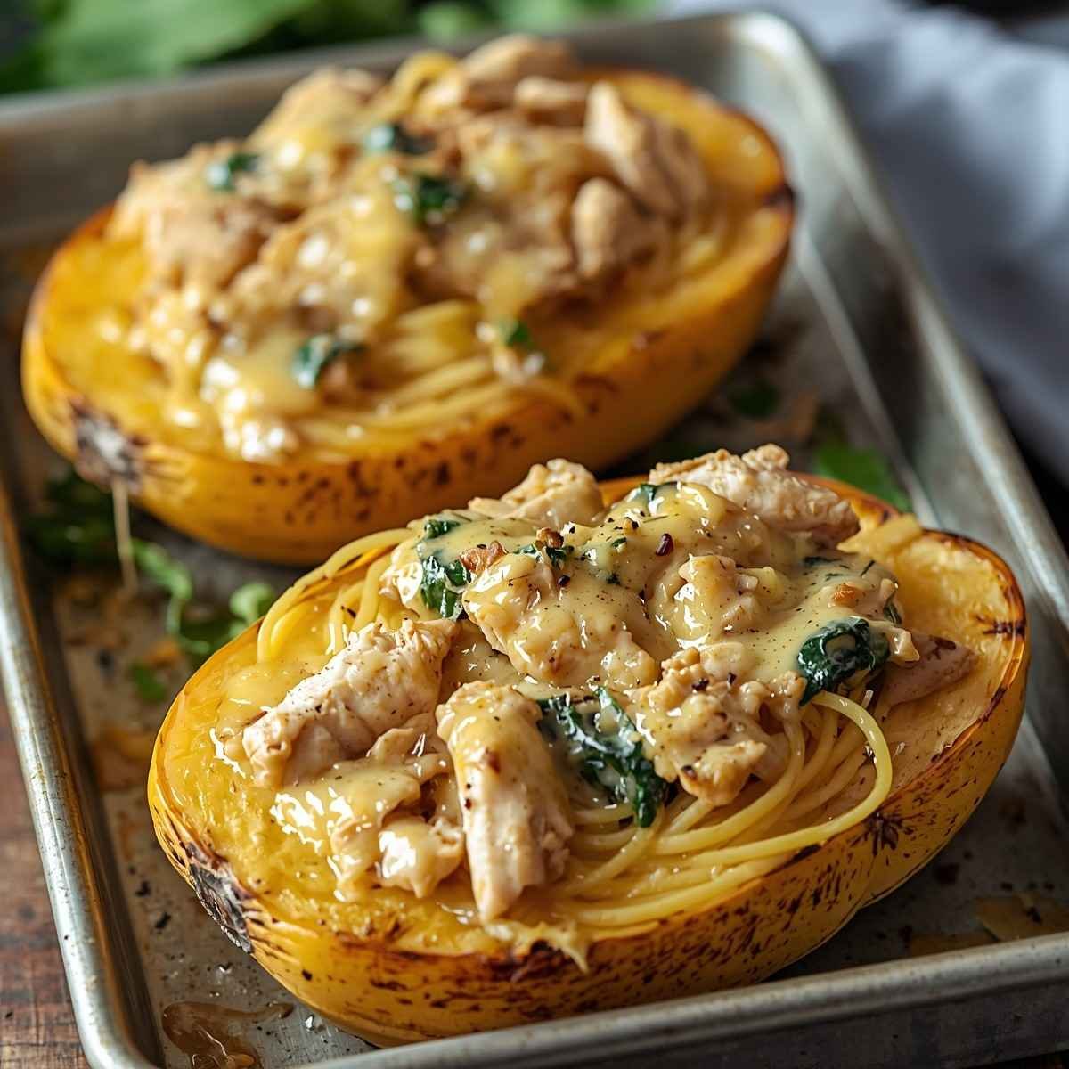 Garlic Chicken Spaghetti Squash Boats