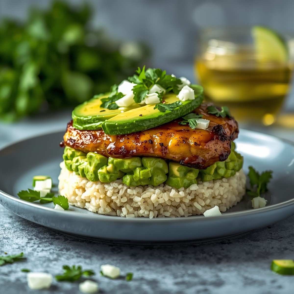 High-Protein Honey Lime Chicken Rice Bowl Stack