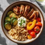 Balsamic Chicken Orzo Bowl with Roasted Veggies & Whipped Feta