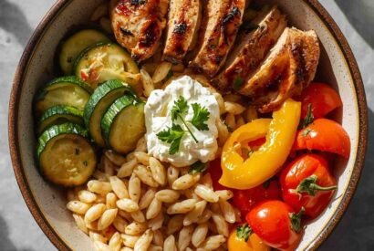 Thumbnail for Balsamic Chicken Orzo Bowl with Roasted Veggies & Whipped Feta